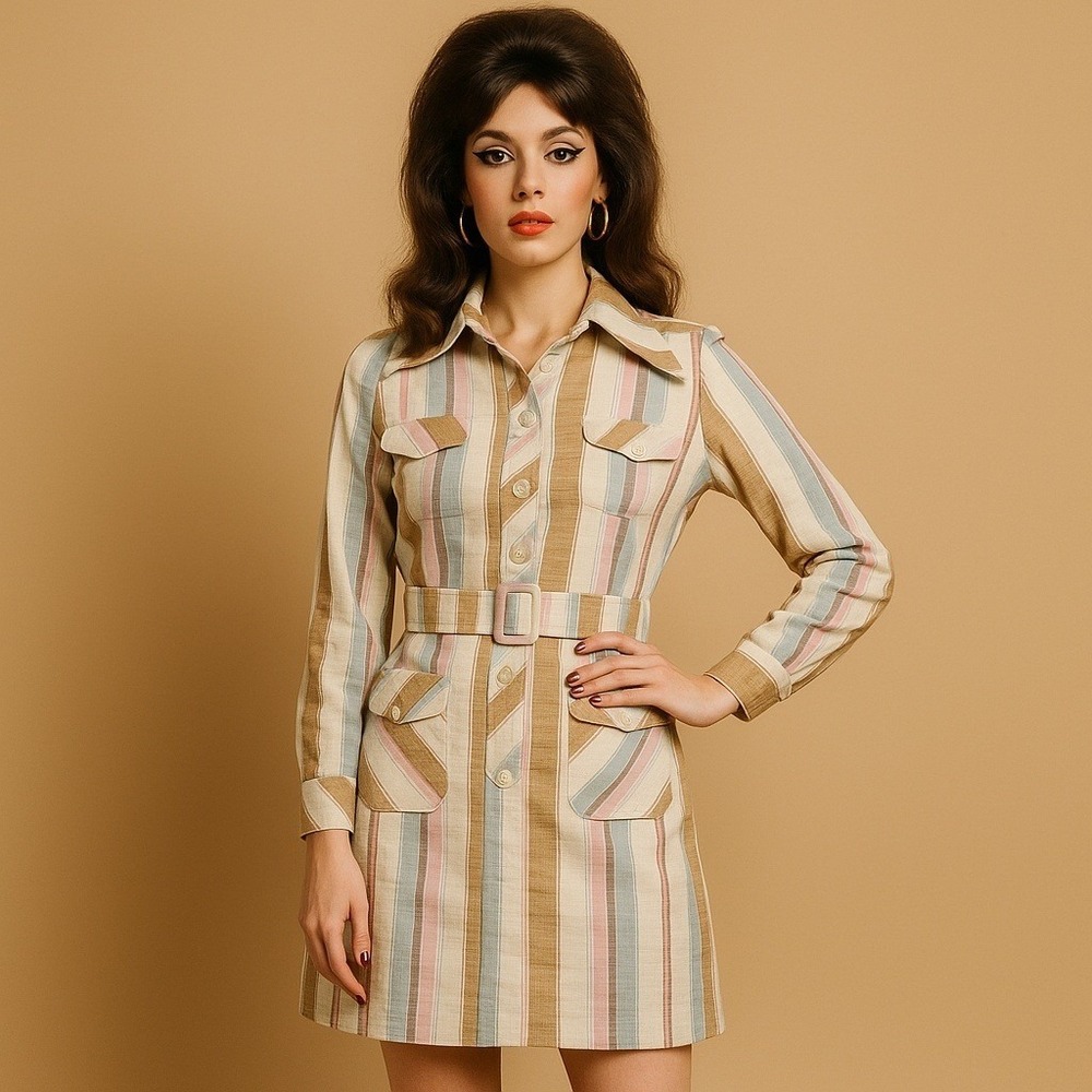 Vintage 70s Mindy Malone Striped Belted Shirt Dress ILGWU Union Made Mod USA